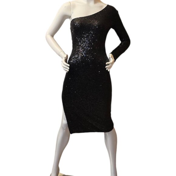 Midi Black Sequin One Shoulder FASHION NOVA Cocktail Dress sz M - Picture 1 of 11